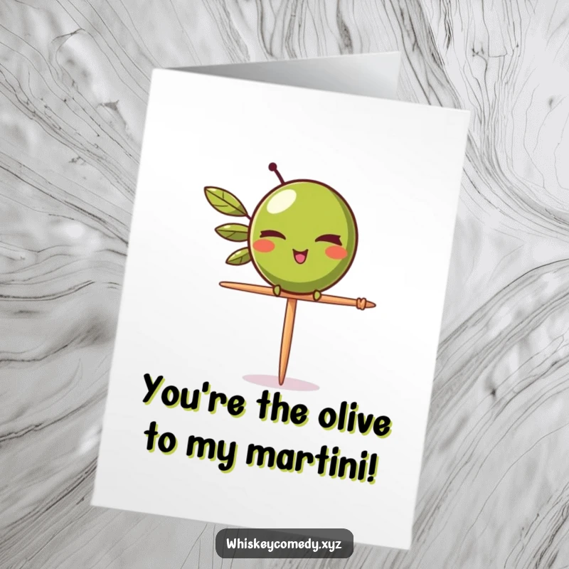Funny Free Printable Congratulations Card: A winking olive balances skillfully on a toothpick, celebrating accomplishments with confidence.