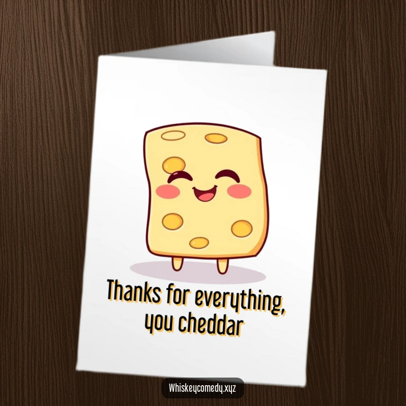 Funny Free Printable Thank You Card: A giggling slice of cheese doing a happy spin, a unique DIY present.