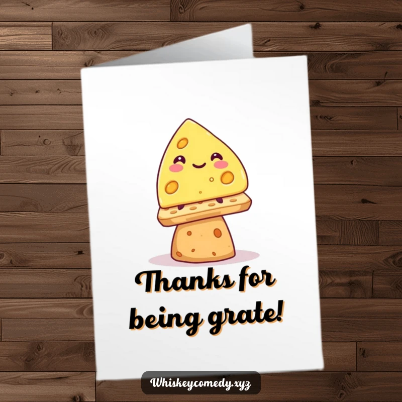 Funny free printable thank you card of a happy cheese wedge wobbling on a cracker.
