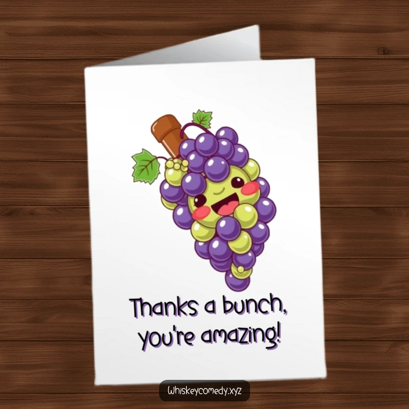 Funny Free Printable Thank You Card: A giggling bunch of grapes slides gleefully down a bottle, conveying thanks.