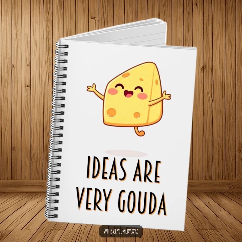 Funny cheese jump notebook featuring a happy cheese wedge in a delighted jump, perfect for notes and creative doodles.