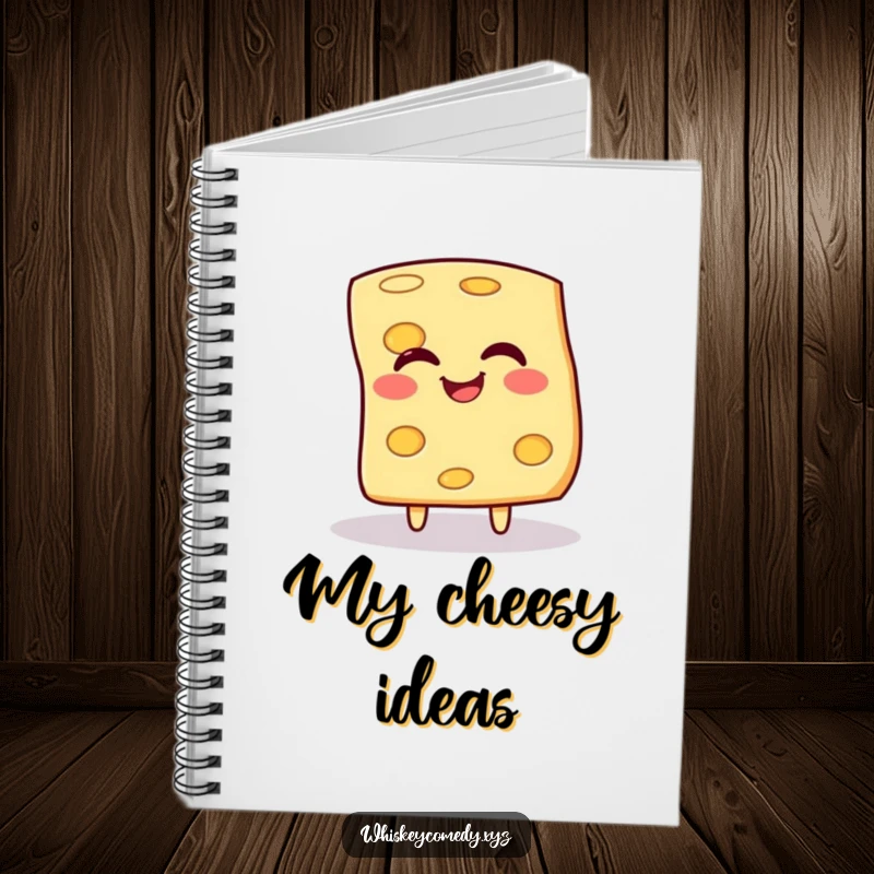 Funny notebook with a giggling slice of cheese spinning on the cover, ideal for note-taking and journaling.