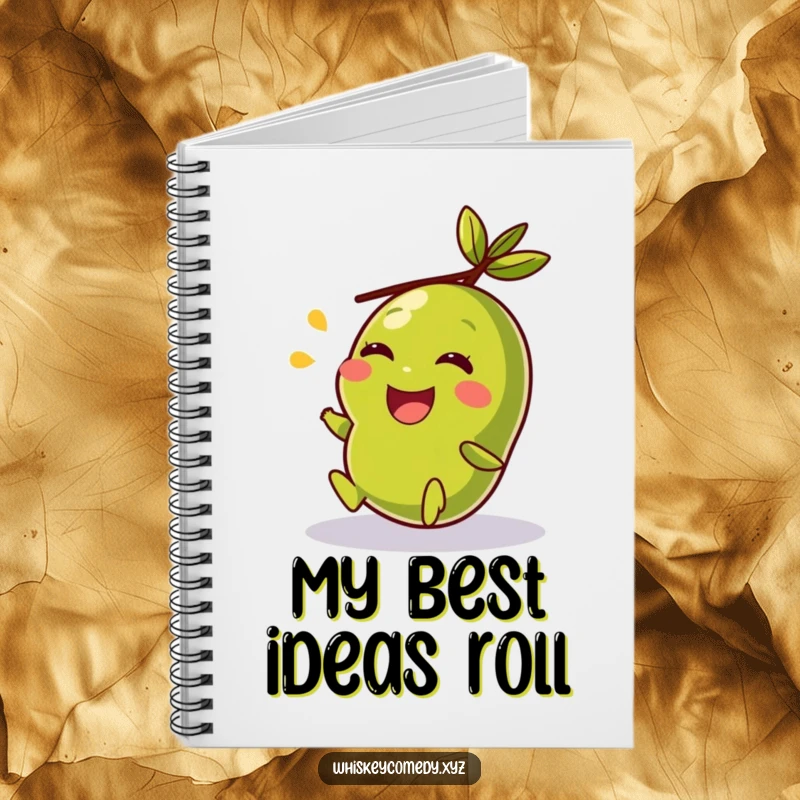 Funny notebook cover featuring a giggling olive rolling cheerfully, perfect for capturing notes with a smile.