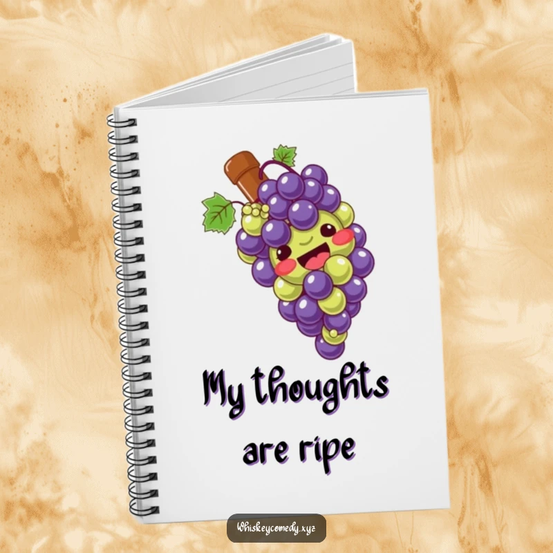 Funny grape slide notebook featuring a giggling bunch of grapes sliding down a bottle, perfect for notes and creative doodles.