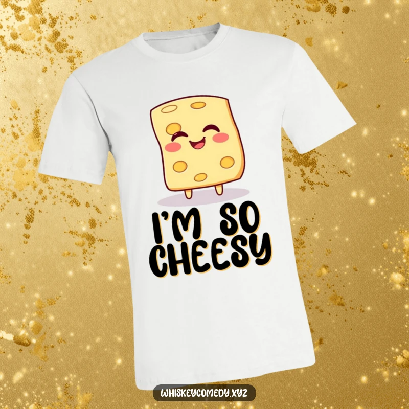Funny cheese t-shirt with a giggling slice of cheese doing a happy spin, great for casual wear and foodies.