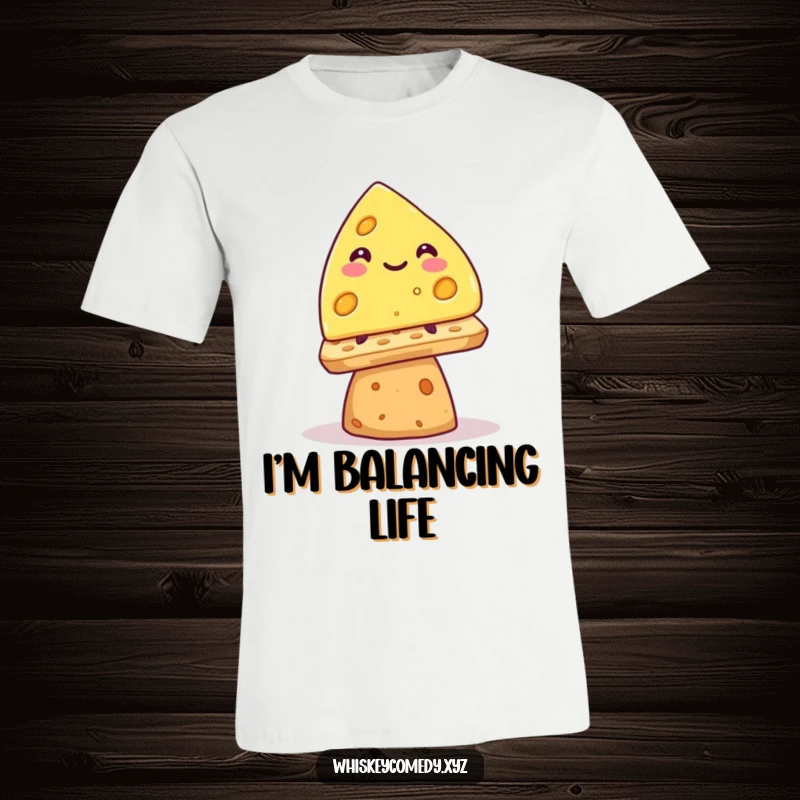 Funny smiling cheese wedge t-shirt, precariously balancing on a cracker, a comfortable and humorous graphic tee.