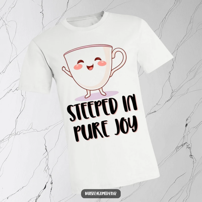 Funny teacup t-shirt showcasing a smiling teacup in a delightful jig, radiating pure happiness and playful energy.
