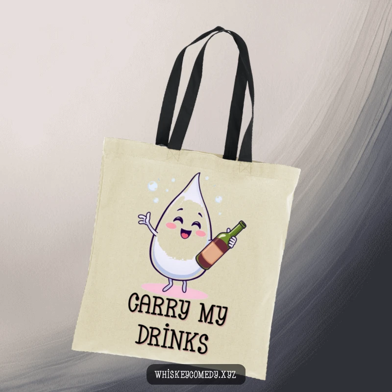 Funny tote bag with a bubbly water droplet dancing with a wine bottle, ideal for shopping and party-goers.