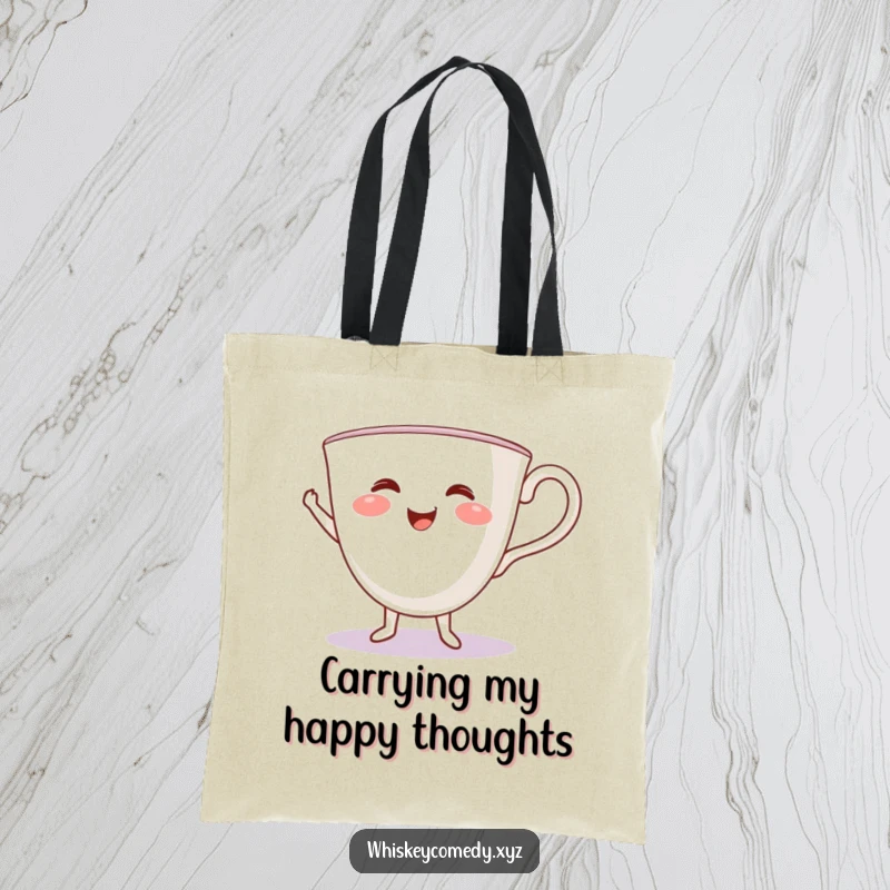 Funny teacup jig tote bag featuring a smiling teacup mid-dance, perfect for carrying essentials with whimsical flair.