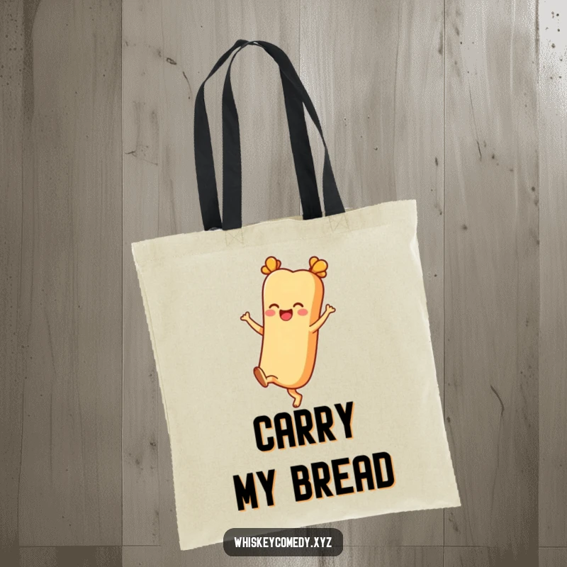 Funny baguette tote bag showcasing a cheerful character kicking its heels up with joy, ideal for shoppers and bakers.
