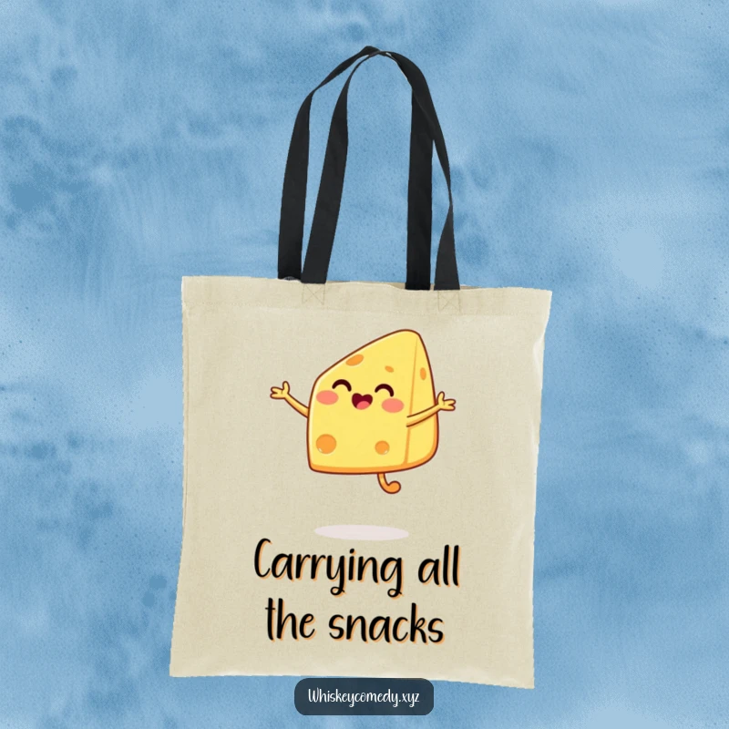 Funny cheese jump tote bag showcasing a happy cheese wedge leaping with joy, ideal for carrying essentials with cheesy flair.