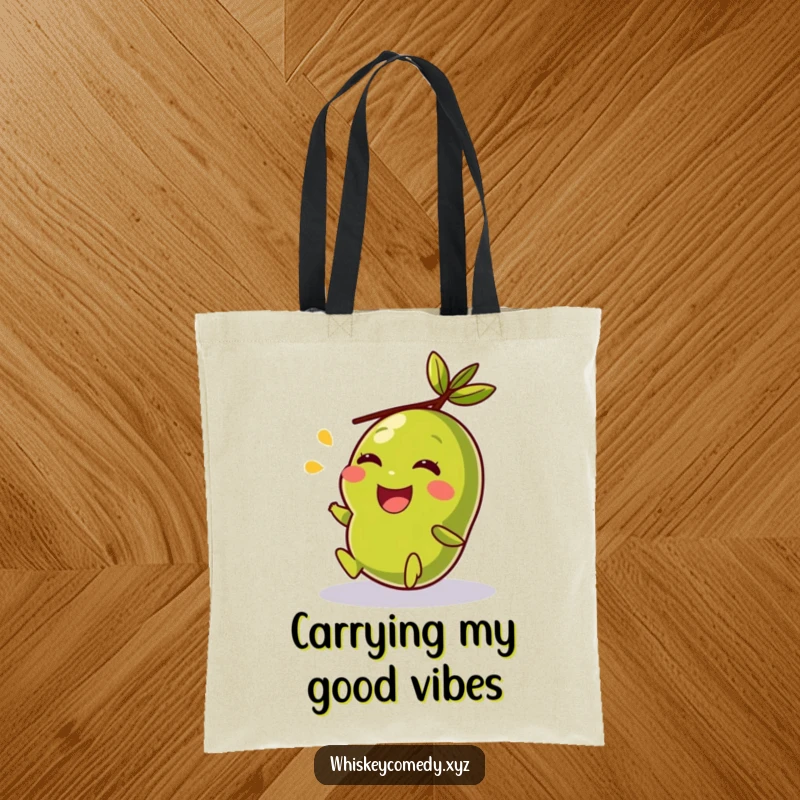 Funny tote bag featuring a giggling olive rolling happily, perfect for grocery runs or daily essentials with a touch of humor.
