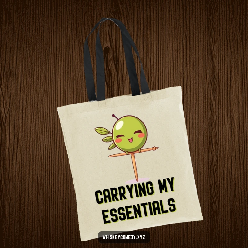 Funny olive wink tote bag showcasing a winking olive balancing on a toothpick, ideal for carrying essentials with sassy flair.